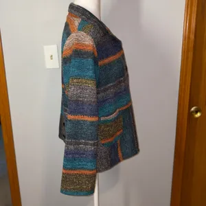 Trisha Tyler Knit Jacket‎ Blue Orange Multi Striped Button Front blazer Funky Size L thumbnail 2