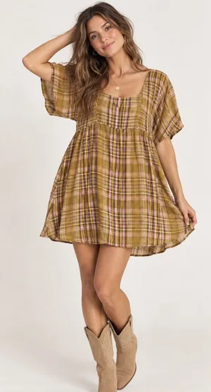 Anthropologie Yellow Pink Plaid Mini Dress Womens L Babydoll Boho Tie Back thumbnail 1