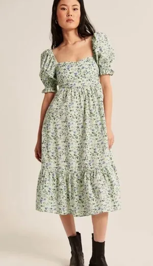 Abercrombie puff sleeve midi dress, green floral thumbnail 2