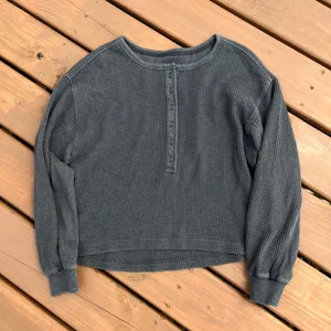 Aerie Shirt Crop Henley Top Charcoal Grey Waffle Knit Thermal Long Sleeve S thumbnail 1