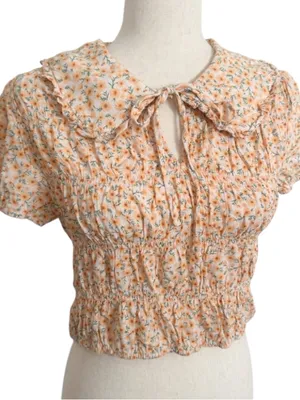 Elodie Smocked Peter Pan Collar Puff Sleeve Floral Daisy Crop Top Cottagecore thumbnail 1