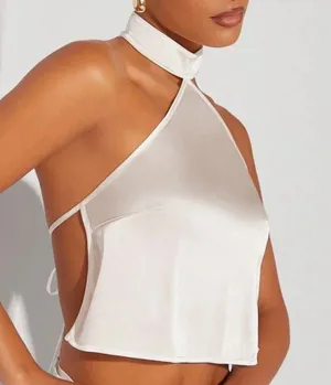 White satin halter neck crop top thumbnail 1