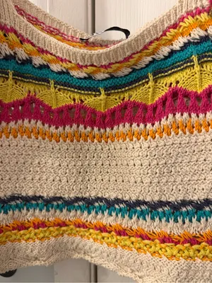 Zara Cream Crochet Crop Top with Yellow, Pink, Teal & Orange Stripes thumbnail 2