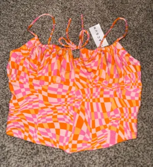 PacSun Pink and Orange Checkered Print Corset-Style Crop Tank Top thumbnail 1