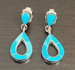 Sterling Silver Turquoise Inlay 16” Necklace and Earrings Set thumbnail 3