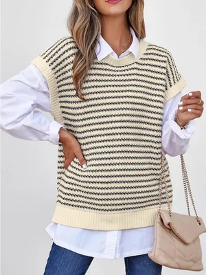 Striped Cream & Black Short-Sleeve Knit Sweater Size M thumbnail 2