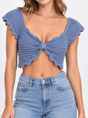Zara Blue Scalloped Crochet Knit Bow Crop Top thumbnail 1