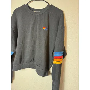 Aviator Nation 5 Stripe Crew Sweatshirt Black Rainbow Sleeve Stripes XS‎ thumbnail 4