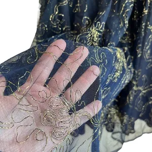St. Gillian Navy Gold Embroidered Mesh Tiered Midi Skirt Size 6 thumbnail 5