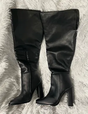 JustFab Black Over Knee high faux leather high heel fall winter boots thumbnail 1