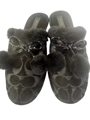 Vintage Coach Poppy Jayda Black Signature C Jacquard Fur Slippers Bows Y2K thumbnail 1