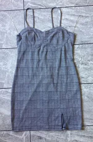 Just Polly New York Glen Plaid Bustier Mini Dress Black White Slit Sleeveless L thumbnail 1