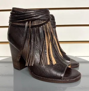 Bed Stu Onset Olivia Women's 6.5 Peep Toe Fringe Booties Brown Leather Heel Boho thumbnail 1
