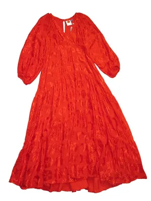 NWT Anthropologie x FARM Rio Red Satin Long-Sleeve V-Neck Jacquard Maxi Dress M thumbnail 7