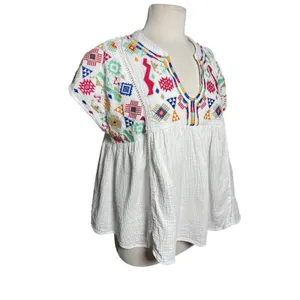 UMGEE Women’s Boho White Gauze Embroidered Babydoll Short Sleeve Top thumbnail 3