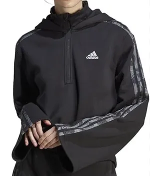 Adidas Athleisure Cropped Quarter Zip Hoodie Sz:M Black Camo Stripe Pullover thumbnail 1