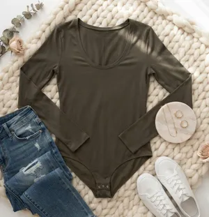 Free People Intimately Long Sleeve Scoop Neck Bodysuit Olive Green Medium thumbnail 1