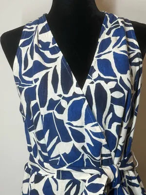 Emma & Michelle Linen-Look Blue White Abstract Botanical Leaf Print Dress L EUC thumbnail 2