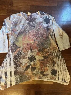 Jess & Jane Tunic Top Boho Abstract Floral Multicolor Artsy Sharkbite Hem Large thumbnail 1