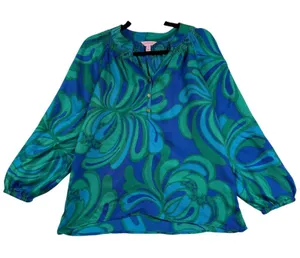Lilly Pulitzer S Elsa 100% Silk Blouse Blue Green Floral Psychedelic Boho Resort thumbnail 1