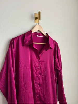 12th Tribe Fuchsia Satin Oversized Longline Button Down Shirt Blouse Small thumbnail 4