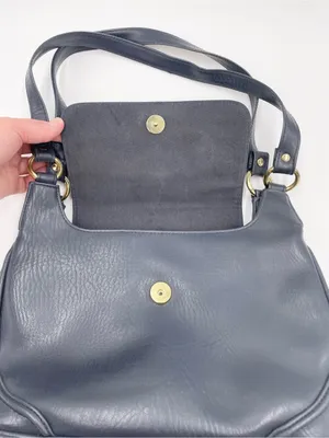 American Vintage Vintage Navy Blue Faux Leather Shoulder Bag Purse Double Handles Minimalist 90s thumbnail 4