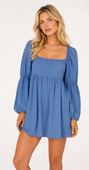 Exlura Square Neck Mini Dress Coquette Puff Sleeve Romantic Boho Babydoll Luxe L thumbnail 1