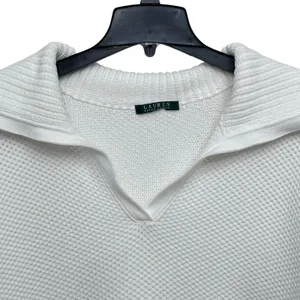 Lauren Ralph Lauren White‎ Fold Over Collar Waffle Knit Sweater Women's Size XL thumbnail 2