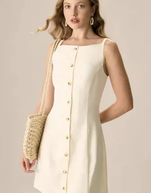 RIHOAS The Beige Boat Neck Button Mini Dress 3 thumbnail 3