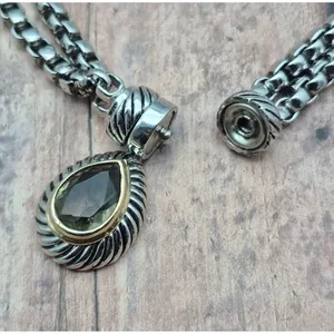 Choker Collar Pendant Necklace Silver Tone Double Box Chain Smokey Teardrop 16" thumbnail 8