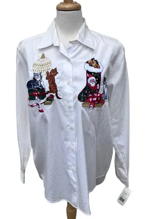 VTG Rafaella Shirt Sz L Cute Cats Holiday Christmas White Embroidered Button‎ Up thumbnail 1