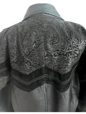 VTG 80s Black Leather Long Trench Duster Coat M Intricate Burnout Suede thumbnail 8