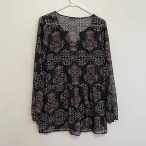 MAURICES Black Geometric Swiss Dot Crochet Lace Up Long Sleeve Peasant Top Tunic thumbnail 13