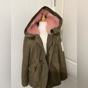 Moussy Utility Army Green Pink Fur‎ Military Patchwork Jacket Parka Size 2 thumbnail 3
