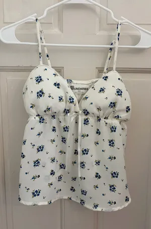 Babydoll tank top white/blue floral ribbon coquette Y2K sewn in bra pads size small thumbnail 1