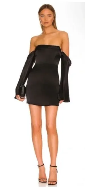 CAMILA COELHO Charlie Black Satin Off Shoulder Mini Dress Size XXS thumbnail 1