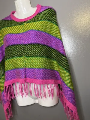 Colorful Striped Poncho Womens One Size Multicolor Fringe Knit Boho Lightweight thumbnail 5