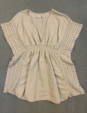Seaspice Resort Wear Isla Baby Beige 100% Peruvian Cotton Crochet Tunic Mini S thumbnail 1