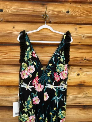 NWT Mac Duggal Embroidered Floral Plunge Neck Trumpet Gown Black Multi Size 10 thumbnail 14