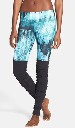 ALO Yoga Blue Teal Abstract Print Leggings with Black Ruched Lower Legs - Size S thumbnail 1