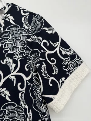 Navy Floral Asymmetrical A-Line Dress with White Trim thumbnail 7