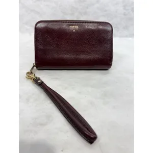 Fossil Logan Zip Around Clutch Wallet Burgundy Leather Teal Interior Wristlet thumbnail 10