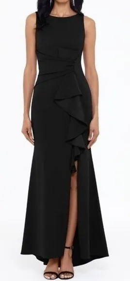 Betsy & Adam. Christine Scuba Crepe Ruffled‎ Bow Gown. thumbnail 1