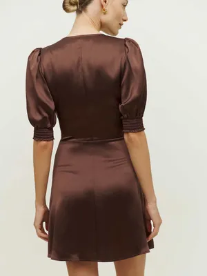 Reformation Brigitta Silk Dress Cafe Brown Mini Puff Sleeve Black Lace - Size 4 thumbnail 2