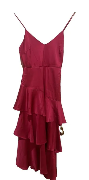 Lulus Charming Crush Hot Pink Satin Tiered Ruffled Midi Dress size xs thumbnail 1