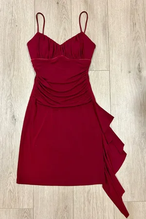 Papaya Burgundy Ruched Bodycon Mini‎ Dress Side Ruffle Spaghetti Strap Red Small thumbnail 1