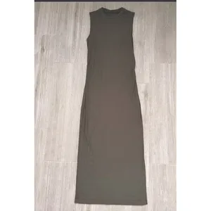 Vuori Pose Modern Maxi Dress Small Olive Green Ribbed Ruched Sleeveless Mock thumbnail 8