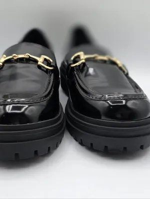 Womens Platform Patent Loafers Slip On Shoes Size 9.5 Black Gold Accents INC NEW thumbnail 9