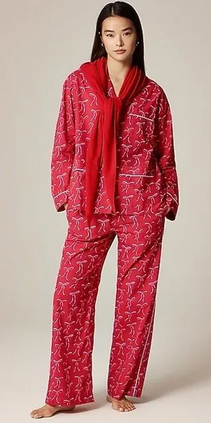 J.Crew Red White Bow Print‎ Cotton Pajama Set Womens Medium Long Sleeve Pants thumbnail 1