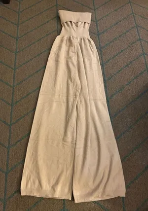 NEW Super soft Tan Strapless Knit Wide Leg Tube Top Jumpsuit L thumbnail 1